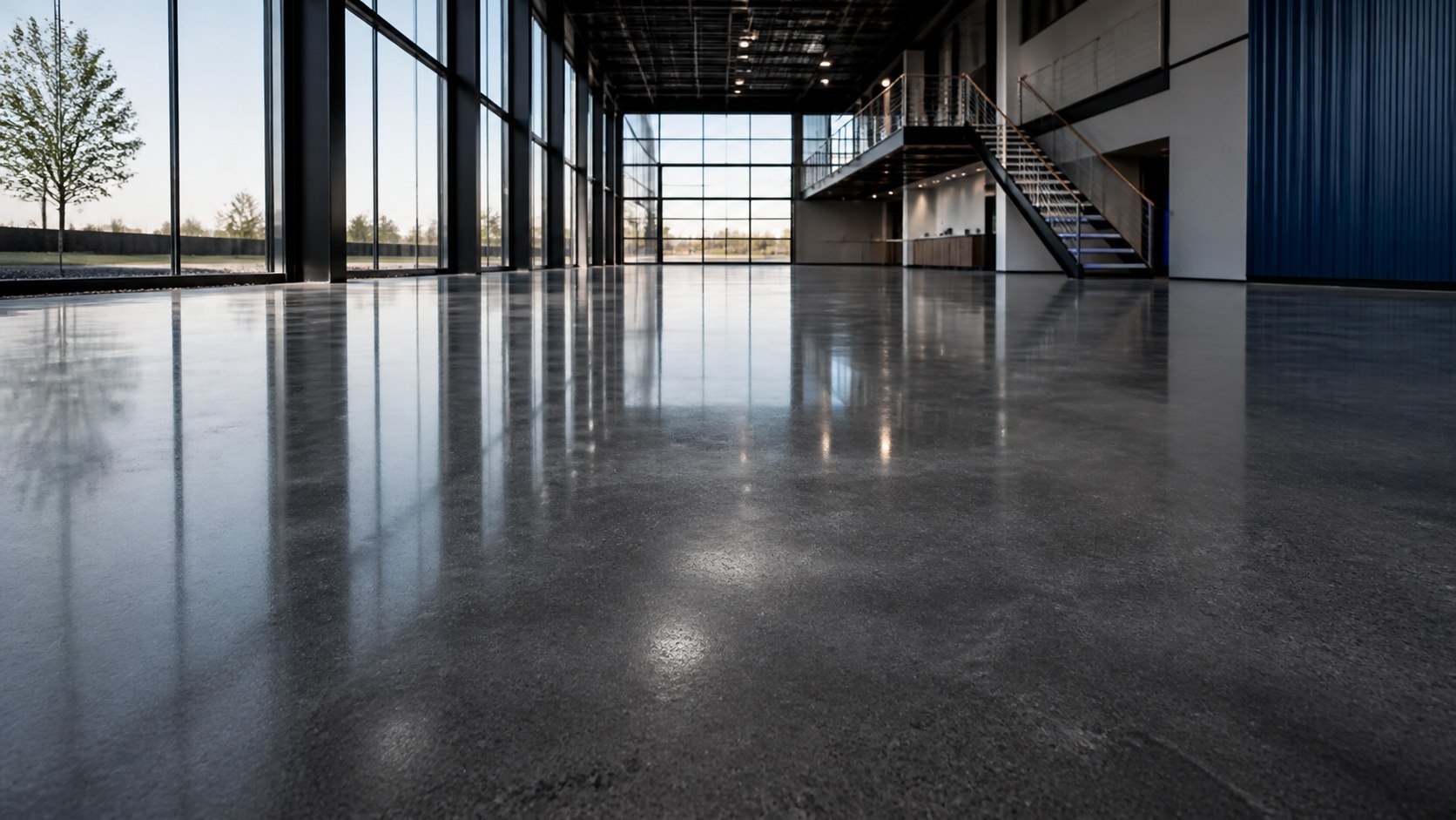 Polished concrete floor in a modern commercial interior
